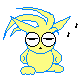Yellow cartoon character with blue outline, closed eyes in first , wide open eyes in second , and closed eyes again in third ; small black musical notes near head