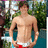 Pixelated image of a shirtless person in red shorts standing outdoors with greenery, next to cyan background text reading "Ryan Sheckler! So hott! Sry mike. He's a Celeb.".