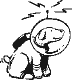 Pixelated black-and-white image of a dog in a spacesuit with a helmet, sitting and looking left, with small black lines above its head.