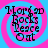 Four identical display a blue and pink spiral background with black text reading 'More 90s Rocks Leese Out' in a pixelated font