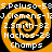 Four identical orange and black spiral-patterned icons arranged in a , each containing white text listing names and numbers