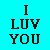 Pixelated text on a cyan background with four quadrants, the top-left displays 'I LUV YOU' and bottom-left shows 'JOSH', while the top-right contains dashed lines.