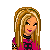 Pixel art character with long blonde hair, pink top, blue jeans, and black accessories, standing with a slight smile.