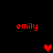 Red pixelated text 'emily' appears in four corners of a black background with two red heart symbols positioned centrally.