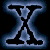 Five variations of a stylized X-shaped icon with blue gradient outlines and black fill, displayed in two against dark backgrounds