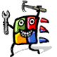 Pixelated character with segmented colored body holding wrench and hammer, standing on gray background with motion blur on legs.
