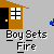 A pixelated animation shows a boy setting fire to a house, with depicting the action from approach to flame spread