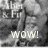 A grayscale pixelated image with the word 'WOW!' in large white letters at the bottom, a stylized figure holding an object above it, and abstract shapes in the background.