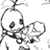 Pixelated black-and-white static icon of a stylized character with exaggerated limbs and facial features, likely from an anime or video game source.