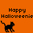 Pixelated black cat walks left on orange background with "Happy Halloweenie" text above, repeated across three