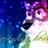 Pixelated abstract icon with gradient colors transitioning from dark blue to purple and white, featuring a small black shape near the center-right.