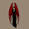 Animated figure with red wings and black dress in multiple poses against brown background, showing arm movements and a glowing effect.