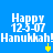 Blue background with white pixelated text reading "Happy 12-5-07 Hanukkah!" and yellow spinning top symbols.