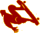 Red silhouette of a person on a skateboard performing tricks against gray background with yellow pixel noise.