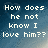 Pixelated text on a blue gradient background reads 'How does he not know I love him??' in white block letters.