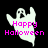 Pixelated ghost icon with 'Happy Halloween' text in pink, displayed across three color variations on black background.