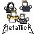 Pixelated icon shows four figures with white faces and brown hair, one in yellow and white attire, another in dark blue, against gray background with 'Metallica' text below.