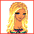 Pixelated character with long blonde hair, rainbow striped top, black skirt with white belt, and black boots; blue text 'sweet' appears in multiple positions