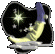 Animated crescent moon with blue hat and yellow body on black background, stars flicker between bright glow and small dots.