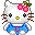 Pixelated Hello Kitty avatar with pink bow, blue dress, and yellow nose in two variations showing different eye expressions.