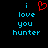 Pixelated text 'i love you hunter' in cyan on black background with red heart symbol replacing the word 'love'