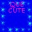 Blue background with four identical pink 'QUE CUTE' text blocks arranged in a , surrounded by light blue square sparkles