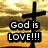 A black cross stands against a golden sky with clouds, displaying text that changes between frames.