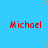 Red text reading 'Michael' repeated across a blue background with scattered orange dots, with a gray rectangle in the bottom-right corner.