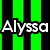 Pixelated white text 'Alyssa' on black background with vertical green stripes, static image.