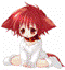 Pixelated anime-style character with red hair, brown eyes, and a white outfit sitting against a dotted background.
