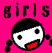 Pixelated cartoon girl with black hair in pigtails, red mouth, and white face on pink background; text 'girls' above.