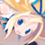 Pixelated anime-style character face with blonde hair, blue eyes, and a small smile against an orange-yellow background.