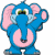 Blue cartoon elephant with pink inner ears and belly, green eyes, light blue mouth area, gray feet; four distinct poses showing arm movements.
