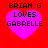 Four identical pixelated heart-shaped icons with text 'BRIAN G LOVES GABRELLE' on a red background, arranged in a