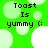 Green background with light green and white circles, text 'Toast Is yummy :(' in black pixelated font across four quadrants.