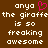Brown background with white pixelated text reading 'anya the giraffe is so freaking awesome' and a pink heart symbol replacing the letter O in 'anya'.