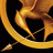 Golden bow and arrow symbol with a bird in flight, set against a black background, rendered in pixelated style.
