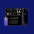 Pixelated static image of a dark room with shelves holding objects and a glowing purple bottle on the left against a solid blue background.