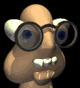 Animated cartoon character with light brown skin, white ears, round glasses, and blue eyes showing mouth movements across frames.