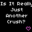 Pixelated text asks 'Is It Really Just Another Crush?' with two pink heart symbols on a black background.