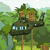 Pixelated image of a dark green helicopter with light blue windows, positioned above two brown cylindrical structures against a green and light blue background.