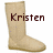Pixelated beige boot with brown text reading 'Kristen' on left, 'wears' on top right, and 'uggs' on bottom left.