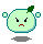 Pixelated green circular character with angry expression, two green leaf-like protrusions, and floating square elements on gray background.