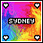 Six pixelated square icons with rainbow gradient backgrounds, each displaying 'SYDNEY' text and four white heart symbols at corners.