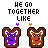 Animated contact sheet of pixel art toast characters with alternating purple and orange faces, each labeled "HE GO TOGETHER LIKE" above them in blocky text.