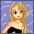 Pixelated anime-style character with blonde hair and black strapless top holding a colorful 'LOVE' sign against purple background.