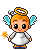 Pixelated angel with blonde hair, golden halo, light blue wings, gray robe, and orange-blue shoes holding a flower wand.