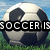 A soccer ball on grass with a blue sky background, displaying text overlays that change across frames.