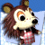 Pixelated cartoon animal with brown fur, large black eyes, and a pink dress against a blue and white background.