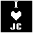 nine pixel-art icons showing 'I ❤️ JC' with changing colors and heart styles on black backgrounds